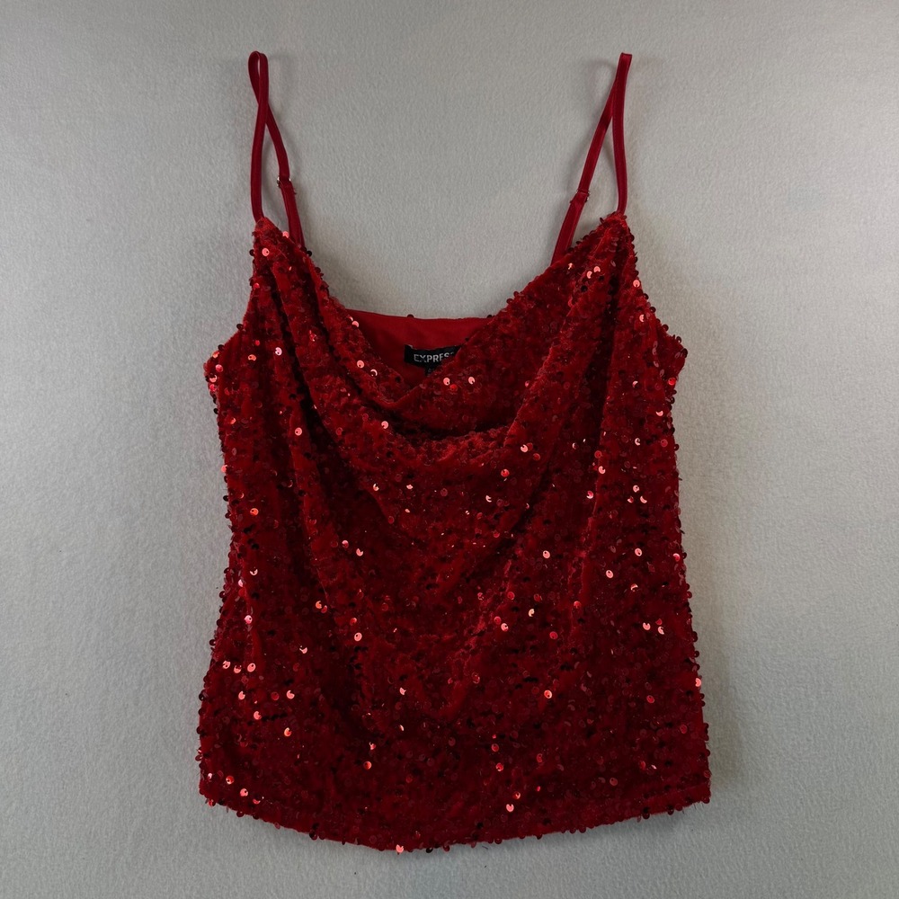 Express Red Sequin Cowl Neck Camisole Top Velvet Adjustable Straps NWT Medium